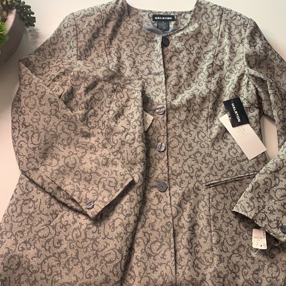 Vintage Halston NWT blazer and skirt set Black Ivory filigree 12 deadstock